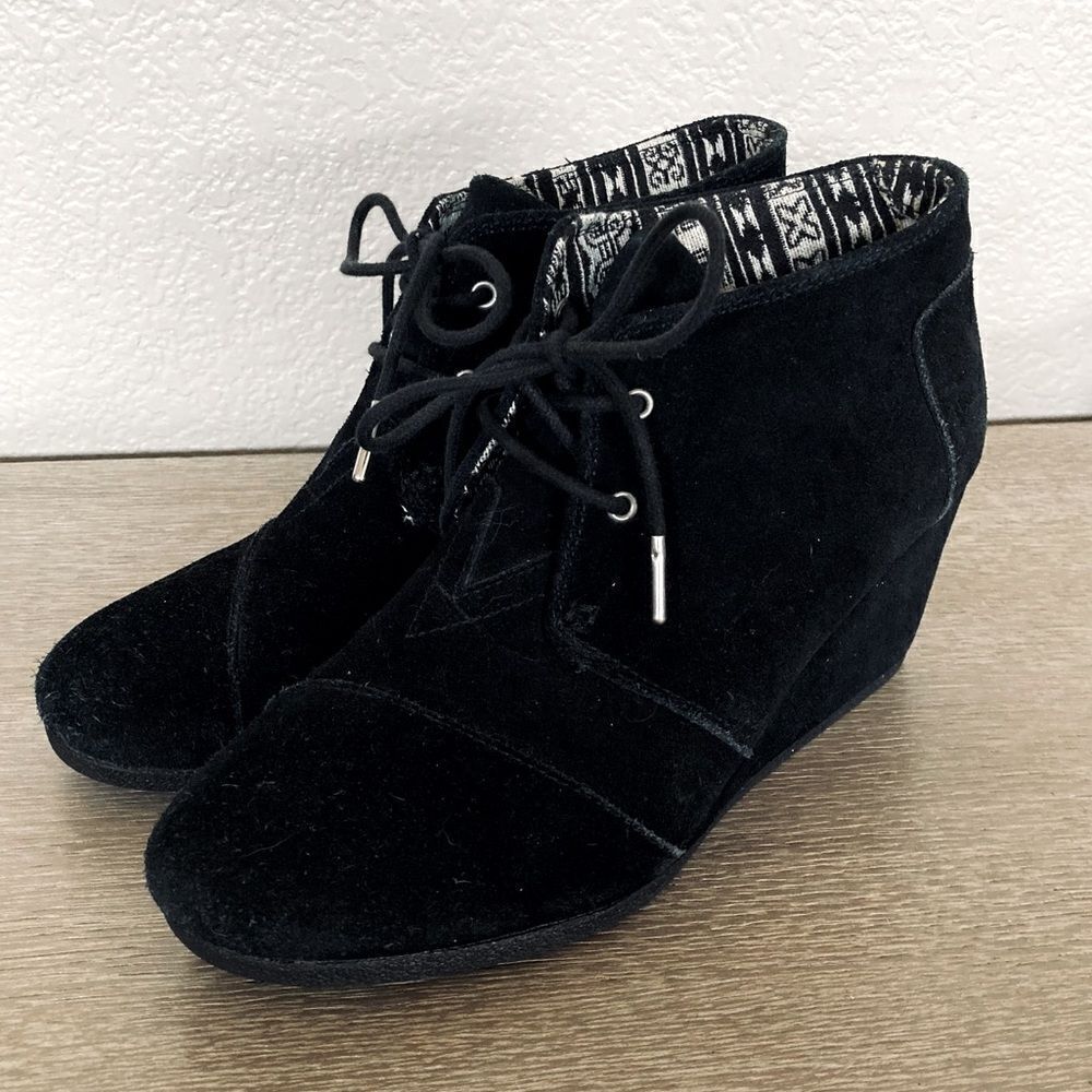 TOMS Suede Leather Black Wedge Ankle Booties 9.5